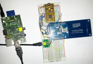 image01 The hardware we used for the demo: RaspberryPi with WiFi dongle, mbed LCP11U24, Adafruit NFC board