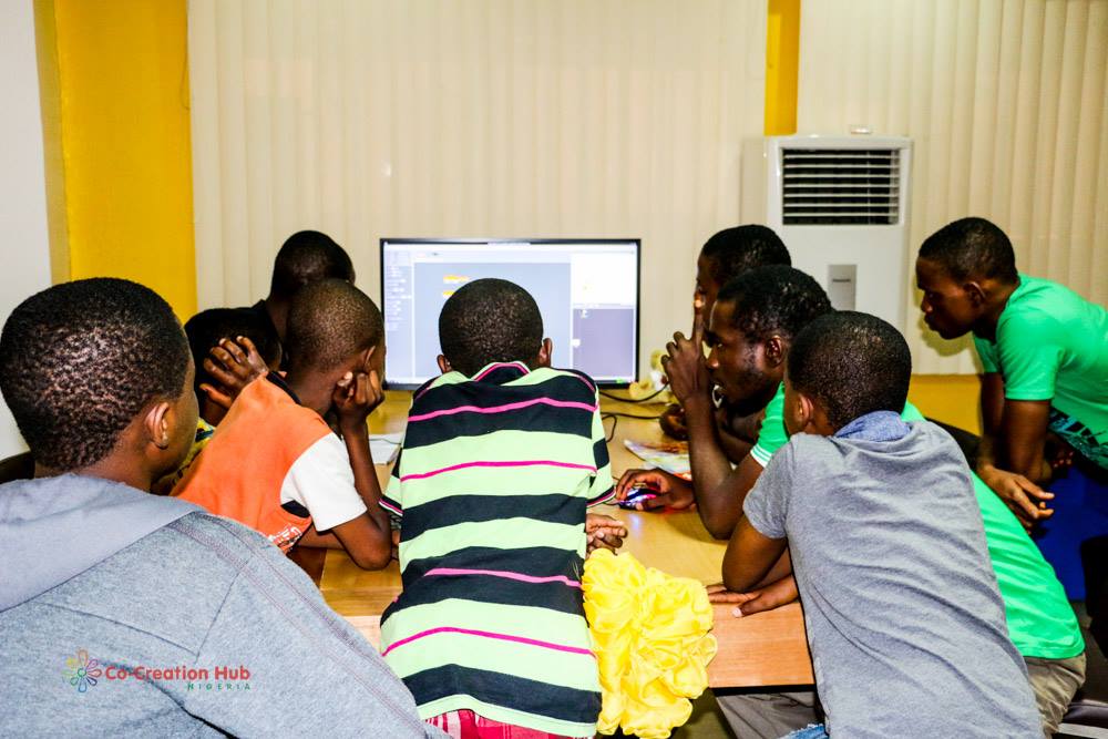 young people programming in Scratch on a Raspberry Pi, Co-creation Hub, Nigeria