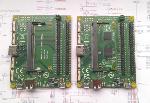 Empty IO board on the left: Compute Module snapped into place on the right.