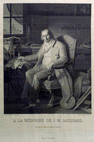 Joseph Marie Jacquard - a portrait woven in very fine silk on a Jacquard loom in 1839. 24,000 punch cards, each with 1050 positions, were used to weave this portrait, which is in the collection of the Science Museum in London.