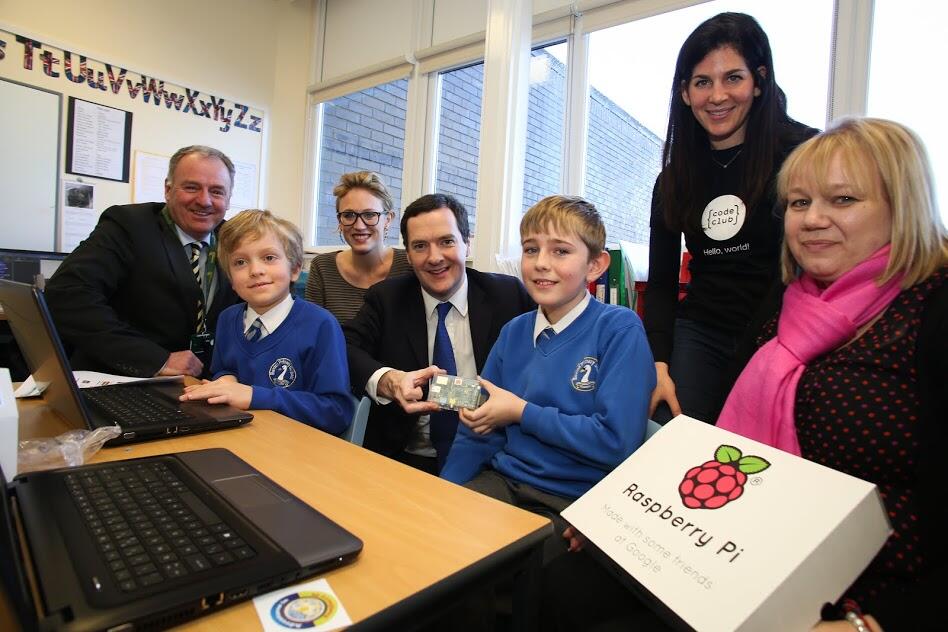 Pupils and teachers with George Osborn