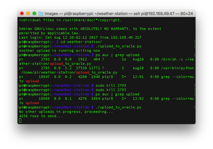 Terminal commands to remove stalled Oracle upload processes
