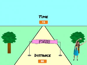 A straight running track converges towards a flat horizon, with a "FINISH" ribbon and "TIME" and "DISTANCE" counters