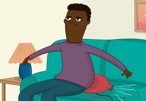 A cartoon of a man sitting on a whoopee cushion - Raspberry Pi WhooPi Cushion Resource