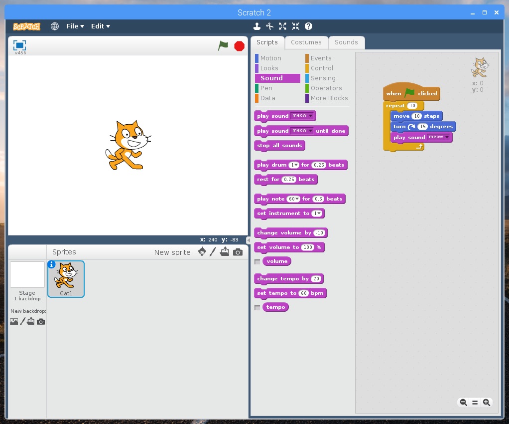 Screenshot of Scratch on Raspbian