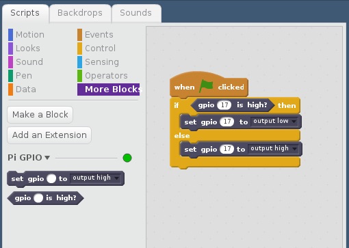 Screenshot of new Raspbian iteration of Scratch 2, featuring GPIO pin control blocks. 