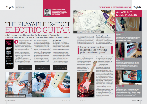 A spread from The MagPi 60 showing a giant Raspberry Pi-powered guitar