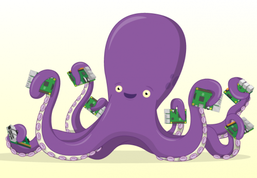 A happy cartoon octopus holds a Raspberry Pi in each tentacle.