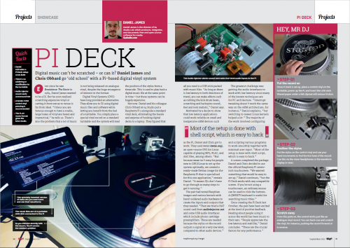 A spread of The MagPi magazine showing a DJ deck tutorial - MagPi 61