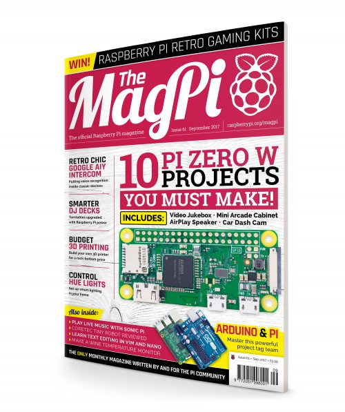 Cover of The MagPi magazine with a picture of the Pi Zero W - MagPi 61