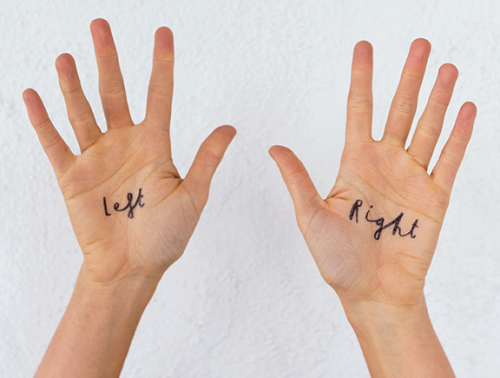 A photo of hands with left and right written on them - English Pronunciation Training