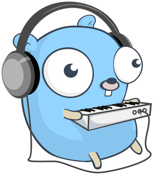 The Go language gopher mascot with headphones and a MIDI keyboard