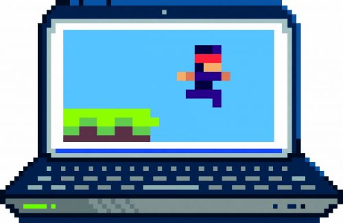 Pixel image of laptop displaying a jump-and-run game