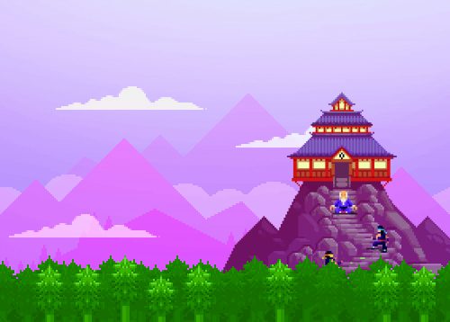 Pixel image of a landscape with an East Asian temple on a lonely mountain