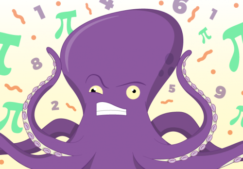 A cartoon octopus is struggling to work out the value of Pi
