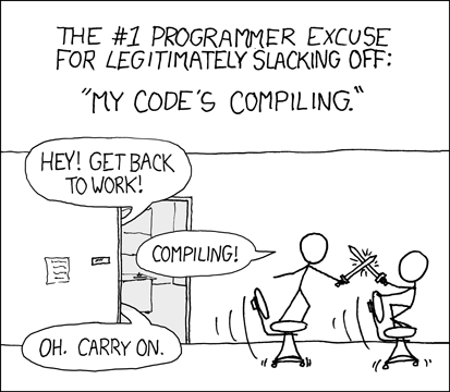 XKCD comic of two people sword-fighting on office chairs while their code is compiling