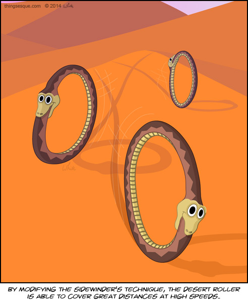 A comic of snakes biting their own tails to roll down a sand dune like wheels