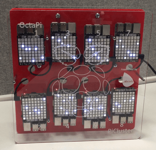A GIF of the OctaPi cluster computer at Pi Towers