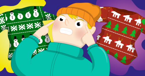 A cartoon of someone remembering pairs of jumper designs - Raspberry Pi Christmas Resources