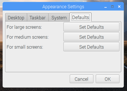 Screenshot of appearance settings application in Raspbian