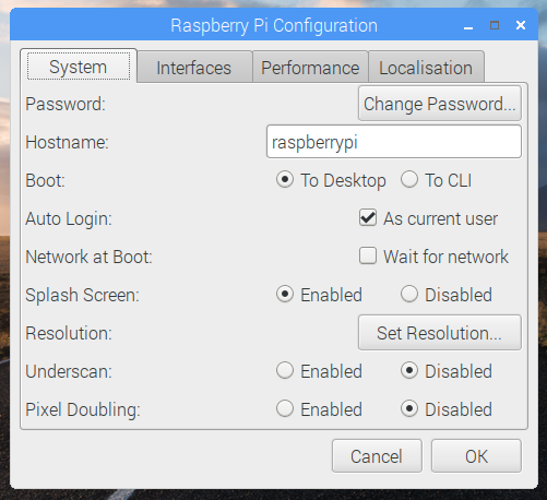 Screenshot of configuration application in Raspbian