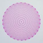 A dense pink spiral pattern, featuring concentric circles and reminiscent of a mandala