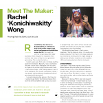 A page from a magazine with the headline "Meet The Maker: Rachel 'Konichiwakitty' Wong" and a photograph of Rachel smiling and wearing LED kitty ears