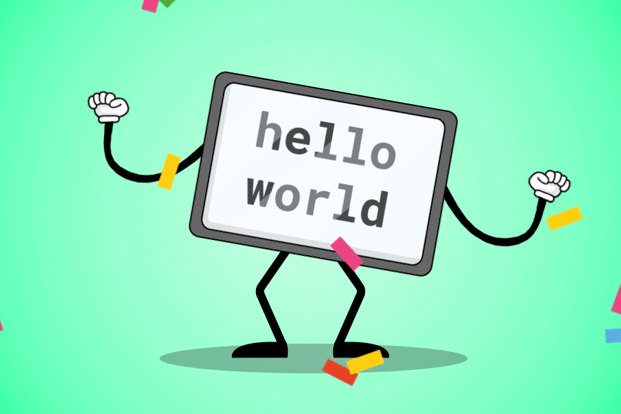 an animation of a dancing computer screen displaying the words 'hello world'