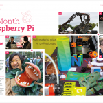 Part of a magazine spread with the header "This Month in Raspberry Pi". There are lots of photos of makers, speakers and guests at World Maker Faire New York, most of them women, along with varied colourful projects