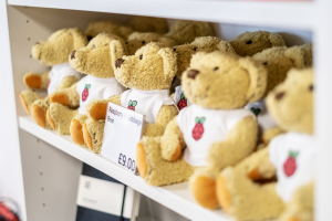 A shelf of Babbage Bear cuddle toys