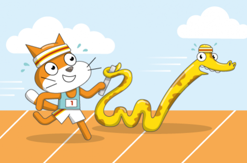 Scratch Cat and a Python doing a relay race