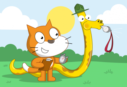 Scratch Cat and a Python supervising an outdoors sports activity