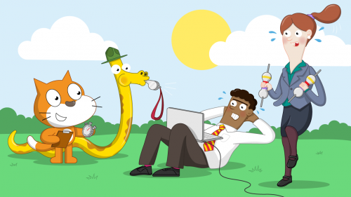 Scratch Cat and a Python supervising teachers at an outdoor bootcamp