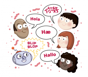 illustration of faces with speech bubbles saying Hello in various languages