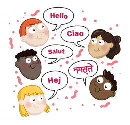 illustration of faces with speech bubbles saying Hello in various languages