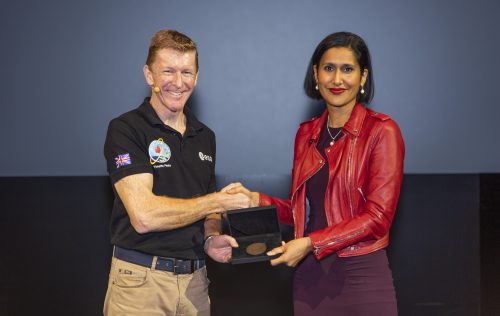 Royal Academy of Engineering CEO Dr Hayaatun Sillem presents Tim with the 2019 Rooke Award for public engagement with engineering, in recognition of his nationwide promotion of engineering and space.