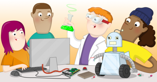 illustration of kids with a computer, robot, and erlenmeyer flask