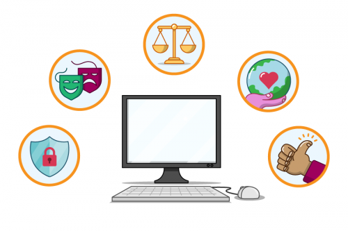 An illustration of a desktop computer above which 5 icons are shown for privacy, culture, law, environment, and ethics