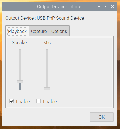 Exemplo do menu Configurações do dispositivo de saída do Raspberry Pi Desktop