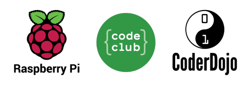 Raspberry Pi, Code Club, and CoderDojo logos
