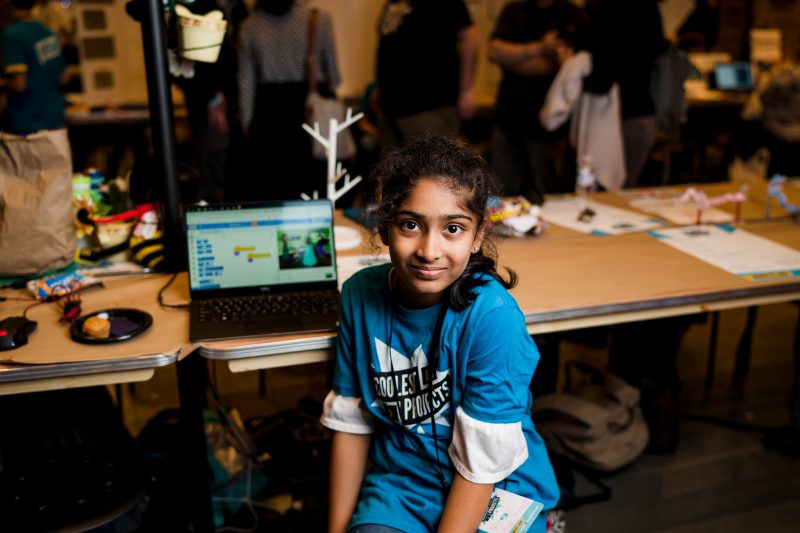 A girl presenting a digital making project at a Coolest Projects event