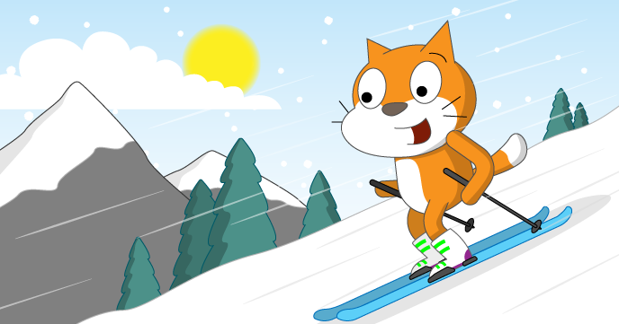 the Scratch Cat mascot skies down a snowy slope