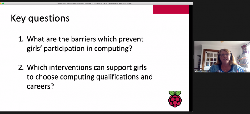 Screenshot of a presentation about gender balance in computing. Text says: "Key questions: What are the barriers which prevent girls' participation in computing? Which interventions can support girls to choose computing qualifications and careers?"