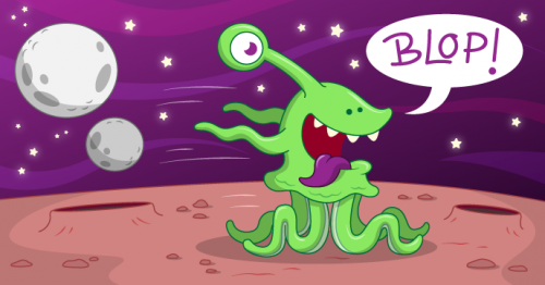 An illustration of a green alien with one eye and tentacles racing along a desert planet. A speech bubble above it says 'BLOP!'