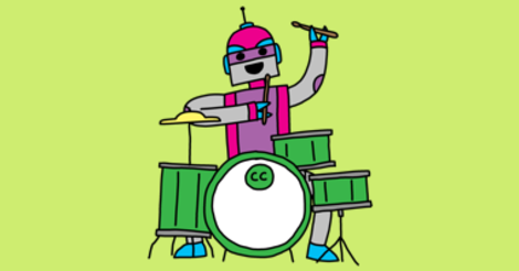 An illustration of a robot playing a drum kit