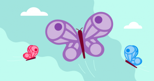 An illustration of butterflies in front of blue sky