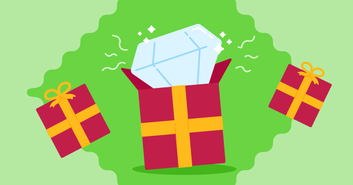An illustration of three red boxes with golden bows. The middle box has a diamond sticking out of the top.