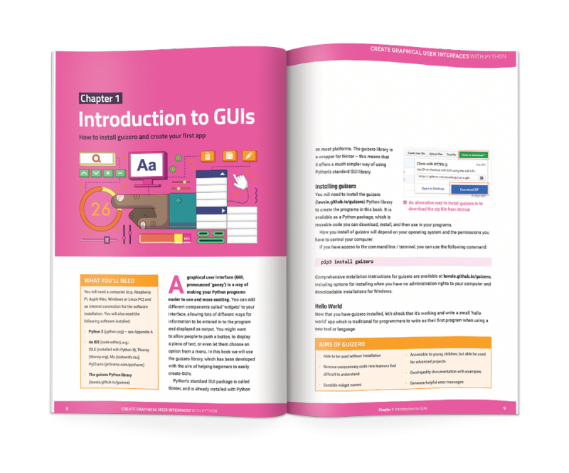 A double-page from the book Create Graphical User Interfaces with Python