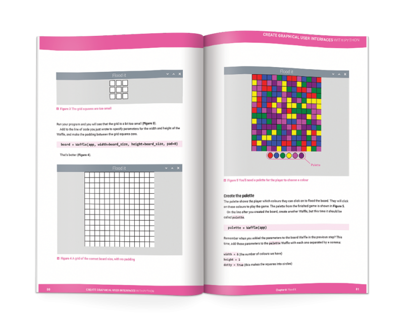 A double-page from the book Create Graphical User Interfaces with Python