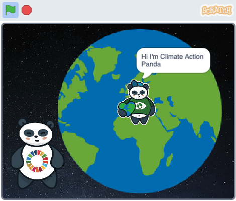 Screenshot of a Scratch project showing a panda and the Earth